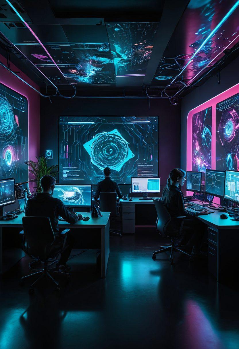 A dynamic, futuristic web development studio buzzing with activity; designers brainstorming on holographic screens, developers coding amidst floating 3D data streams, and a seamless blend of abstract digital art merging with hyper-realistic workspaces. cyberpunk. vibrant colors. high-tech aesthetics.