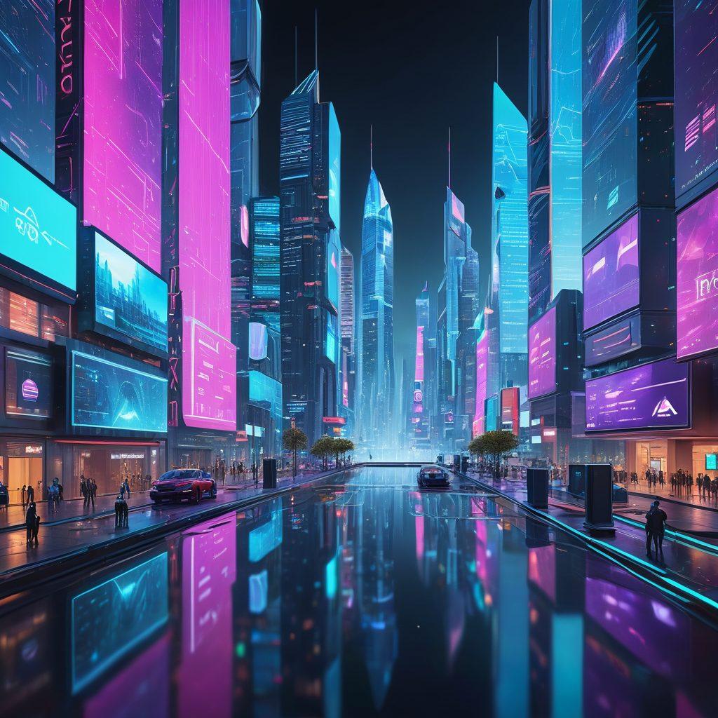A futuristic cityscape with holographic UI elements, developers using advanced coding tools on floating screens, and AI robots assisting in coding. Super-realistic. 3D. Vibrant colors. Modern tech ambiance.