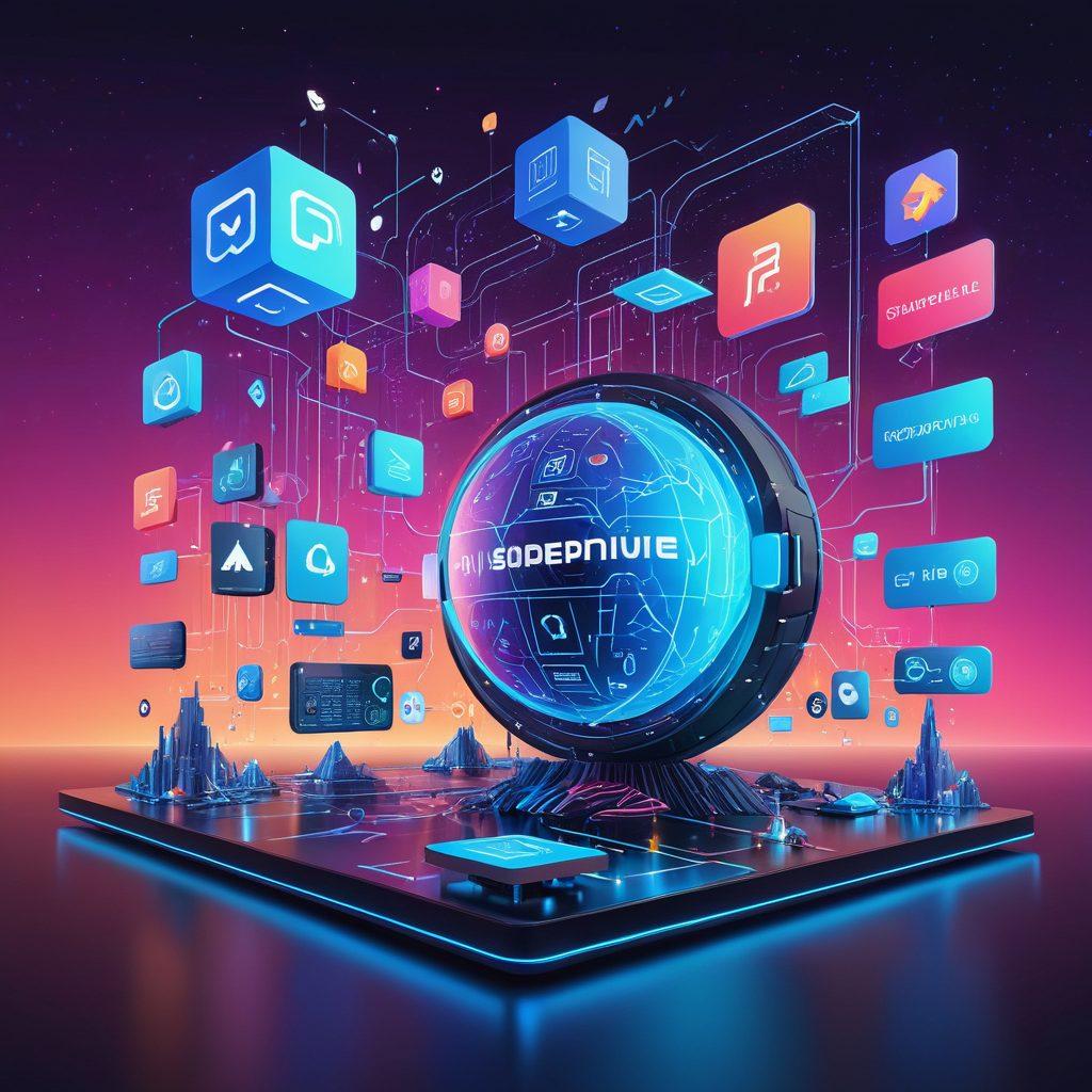 A futuristic digital landscape showcasing groundbreaking web design elements, like 3D icons, intuitive user interfaces, and innovative coding structures. Background elements highlight evolving trends such as AI, VR, and responsive frameworks. Superimpose fragments of code merged with sleek, modern design patterns. vibrant colors. super-realistic.